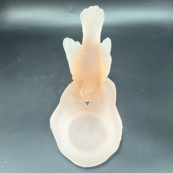 Vintage French Satin Frosted Peach Pink Glass Bird Ashtray Dish Trinket Holder - Picture 9 of 12